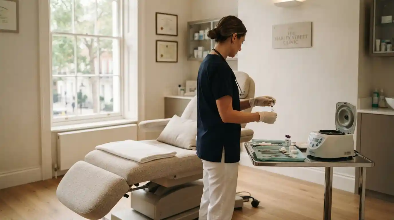 P Shot PRP vial and centrifuge preparation at a London clinic