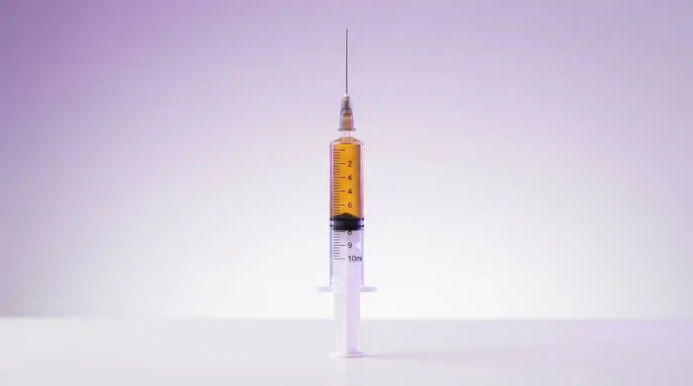 Syringe with platelet-rich plasma illustrating PRP duration and P-Shot treatment