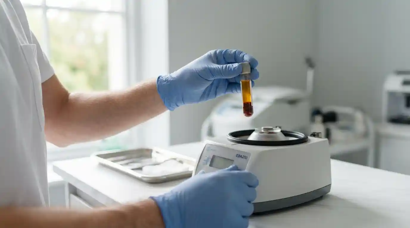 Doctor holding vial of platelet-rich plasma used in PRP therapy for penile curvature