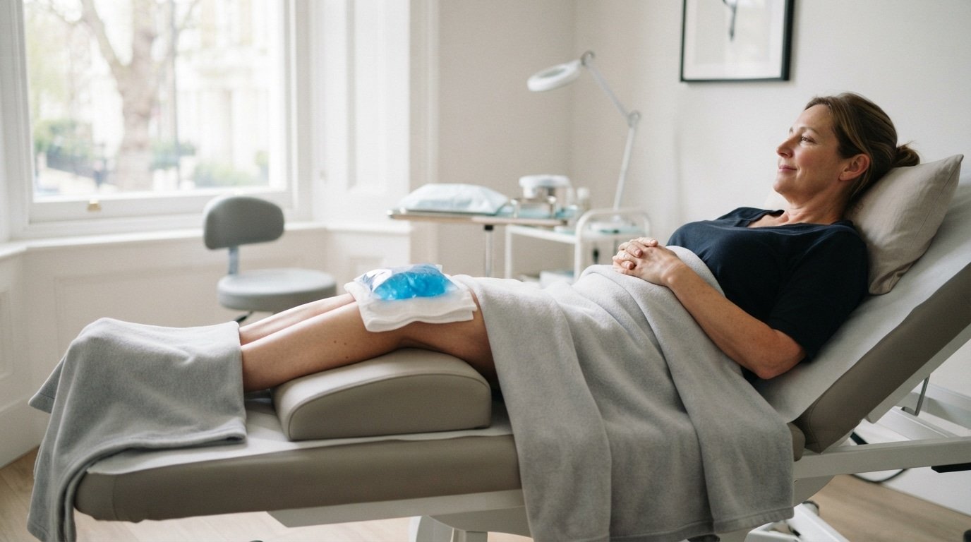 Patient resting with ice pack on knee during first 48 hours of Arthrosamid recovery
