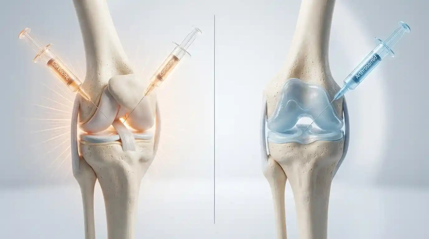 Side-by-side comparison of Arthrosamid and Cortisone knee injections showing treatment differences for osteoarthritis pain relief