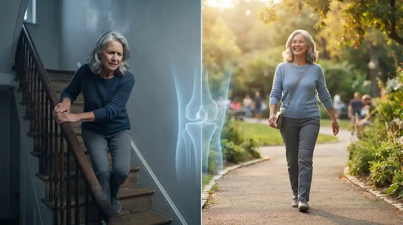 Woman with knee pain climbing stairs before Arthrosamid injection compared to walking freely in a park after treatment