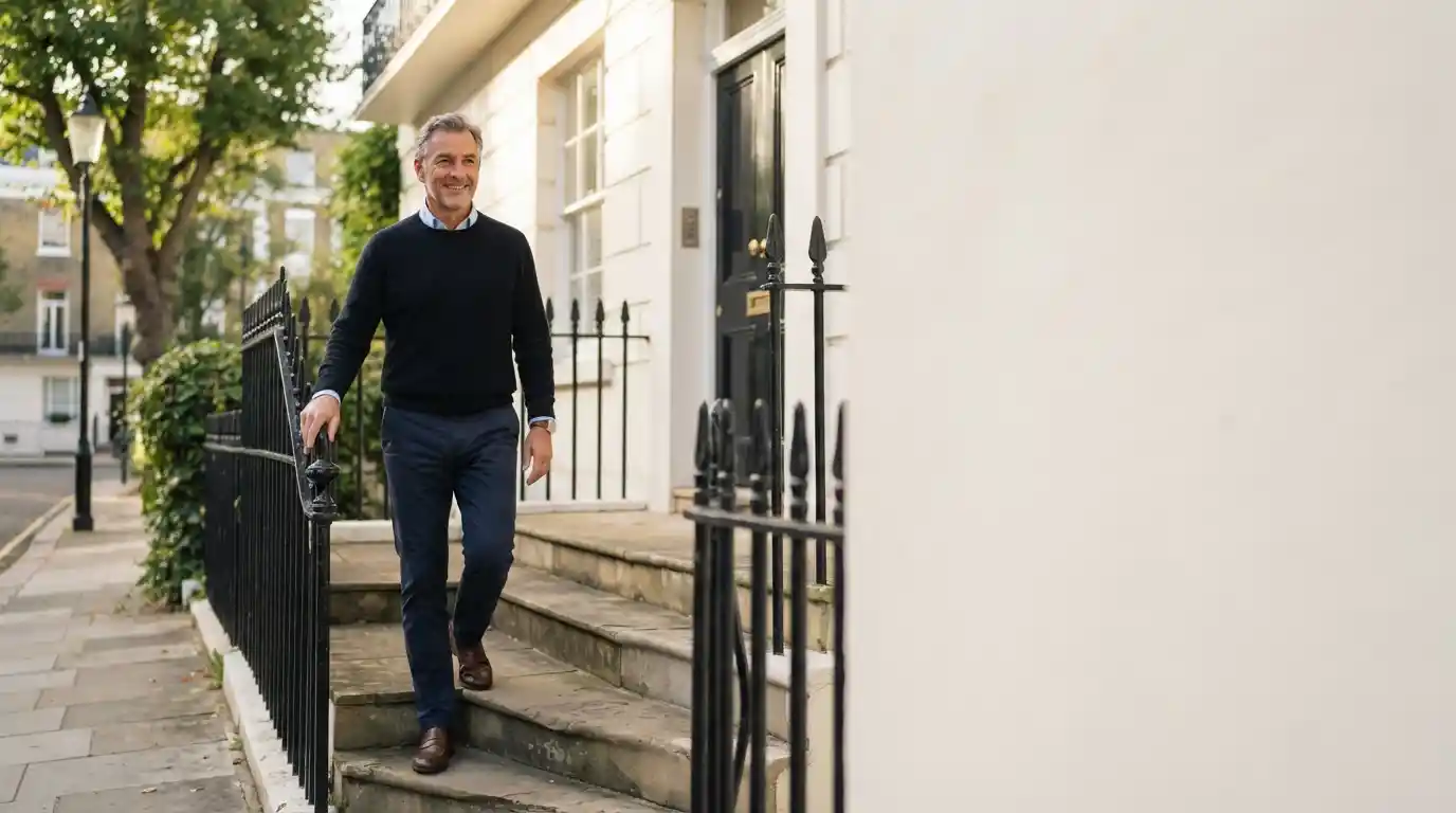 Older man walking up steps with ease, showing restored knee mobility after Arthrosamid injection treatment in London