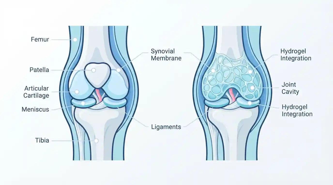 Diagram comparing normal knee joint anatomy with a knee joint after Arthrosamid hydrogel integrates into the synovial membrane.