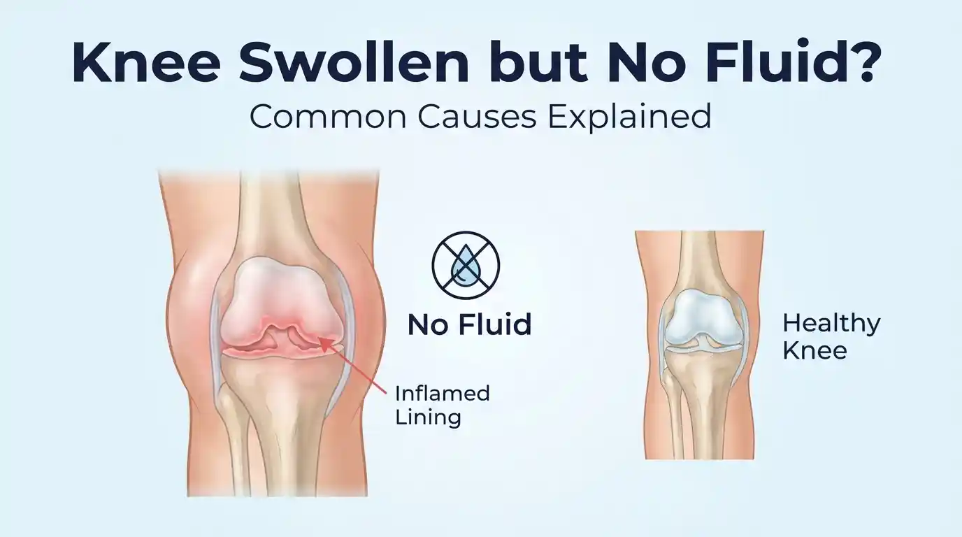 Illustration comparing a swollen knee with an inflamed lining and no fluid next to a healthy knee