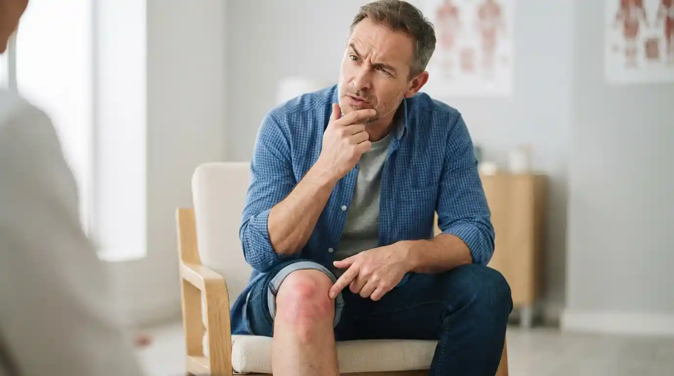 Man with curious expression pointing to red inflamed knee asking about second Arthrosamid injection