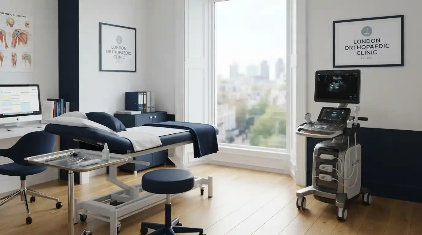 A well-lit, empty medical consultation room with a navy blue examination table, rolling stool, instrument tray, and an ultrasound machine near a large window overlooking a city skyline, branded "London Orthopaedic Clinic.