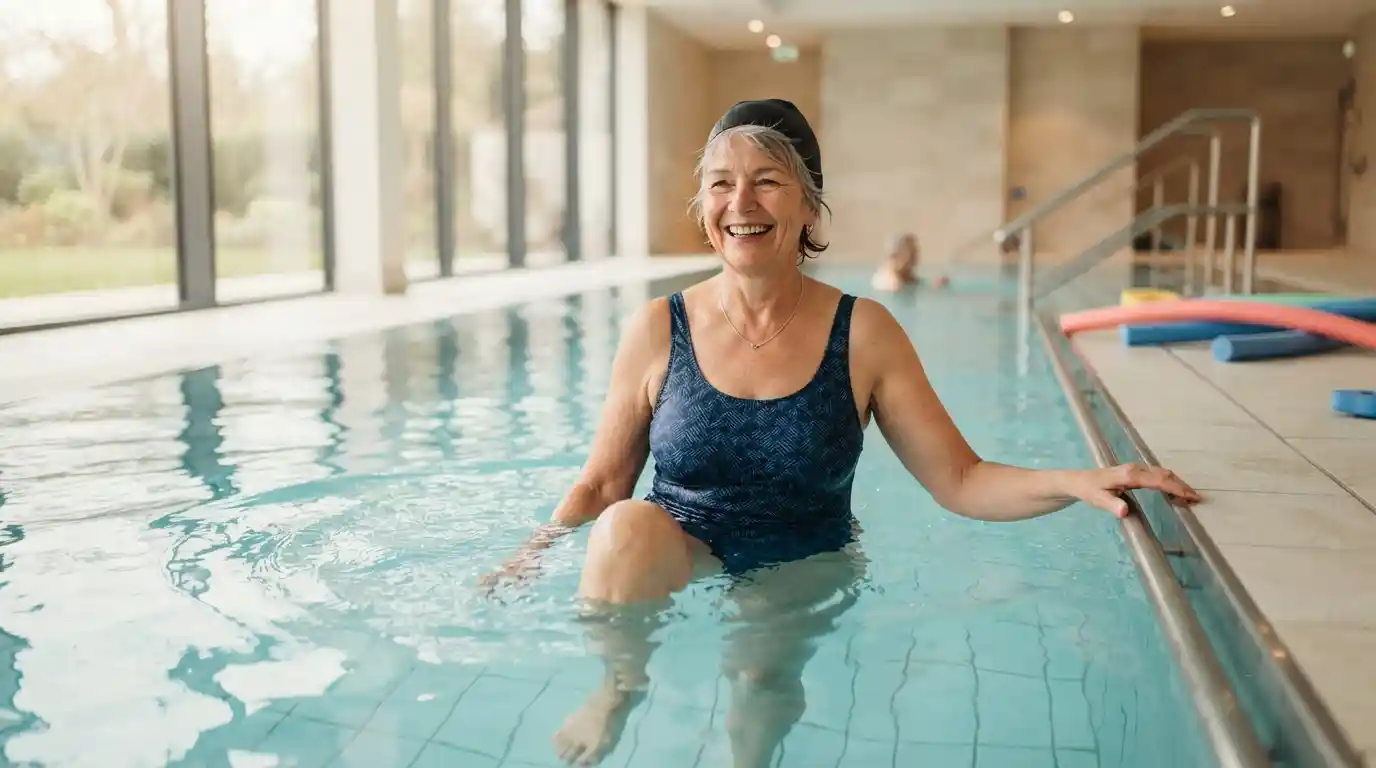 Smiling older woman doing a gentle knee lift in a warm indoor pool for knee osteoarthritis relief
