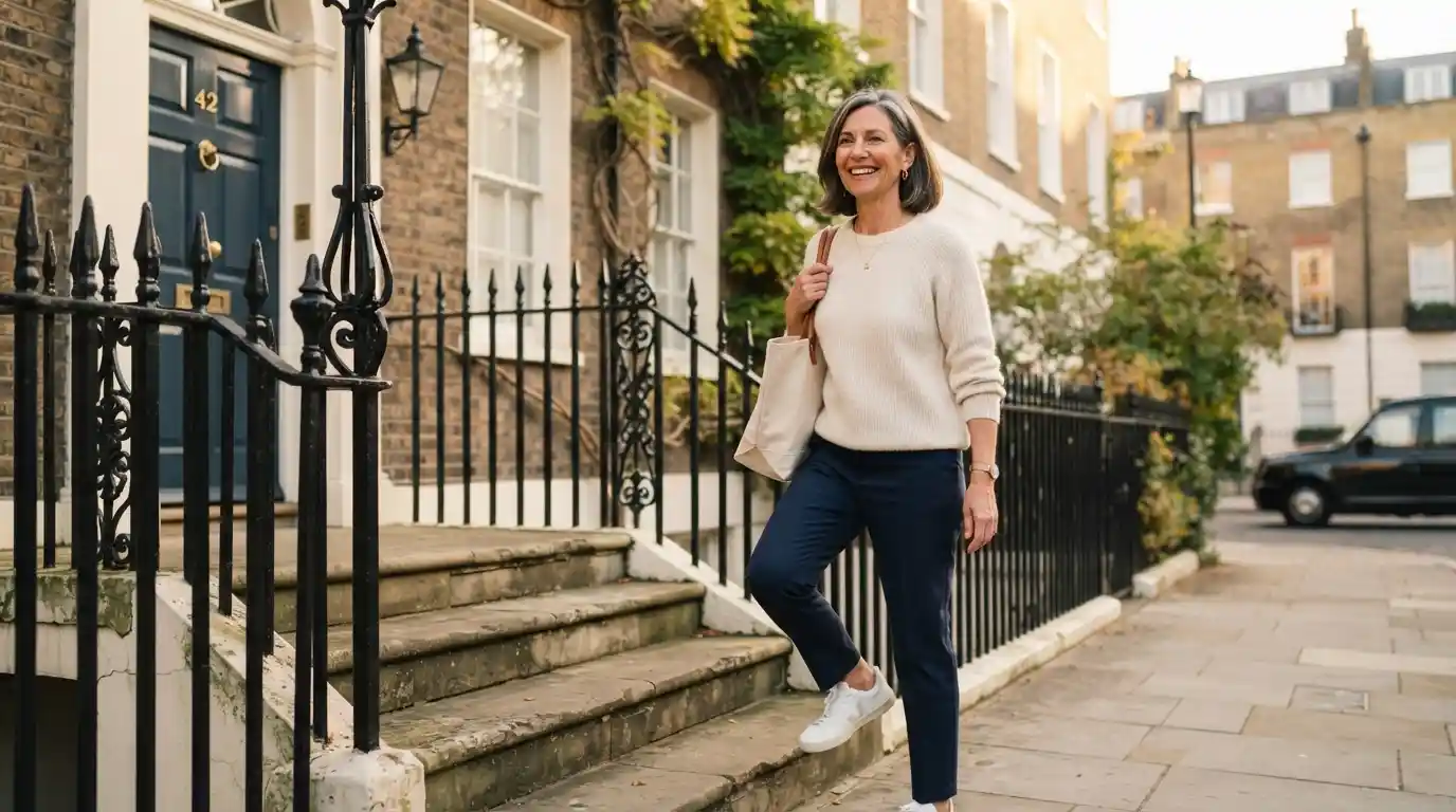 Smiling woman in her 50s stepping up stone stairs outside a Georgian townhouse in London, wearing a cream jumper, navy trousers and white trainers