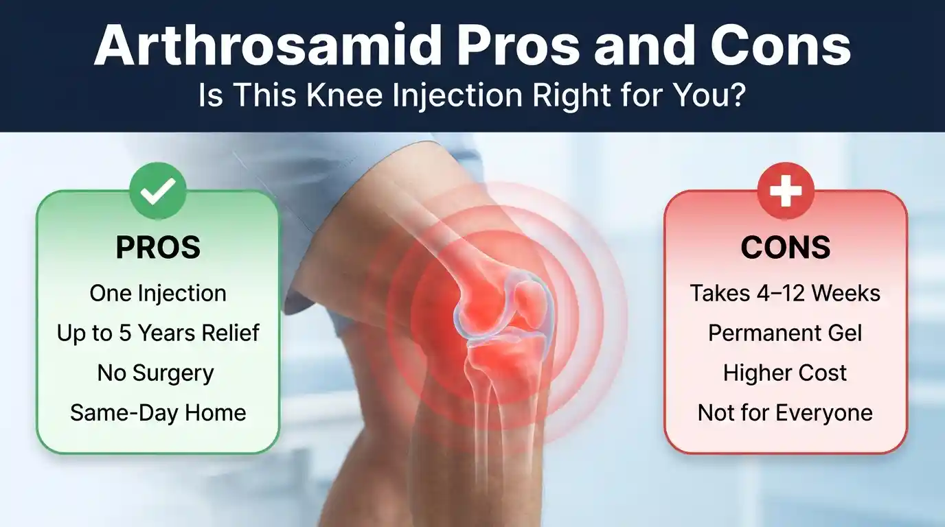 Red inflamed knee showing Arthrosamid pros and cons for osteoarthritis treatment