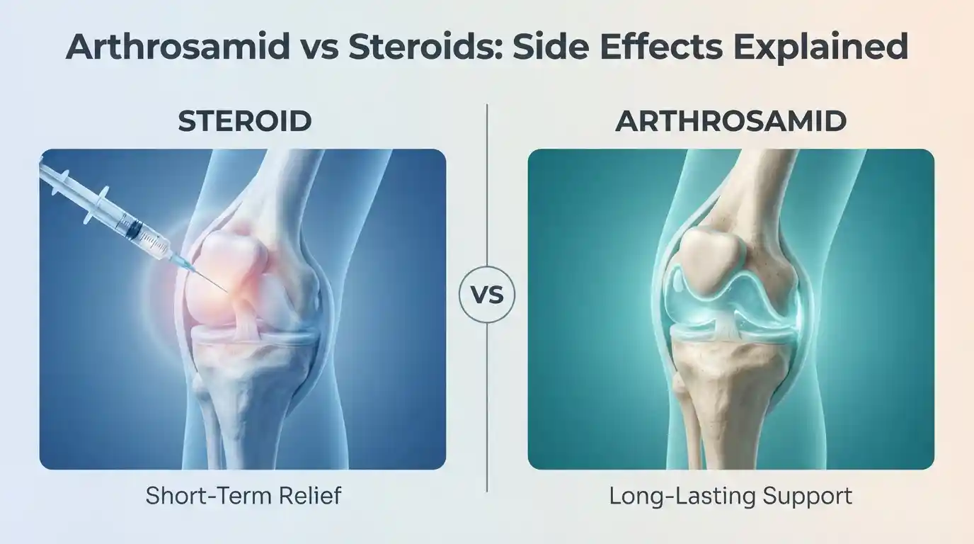 Split-screen illustration comparing Arthrosamid and steroid side effects in the knee joint, short-term vs long-lasting relief