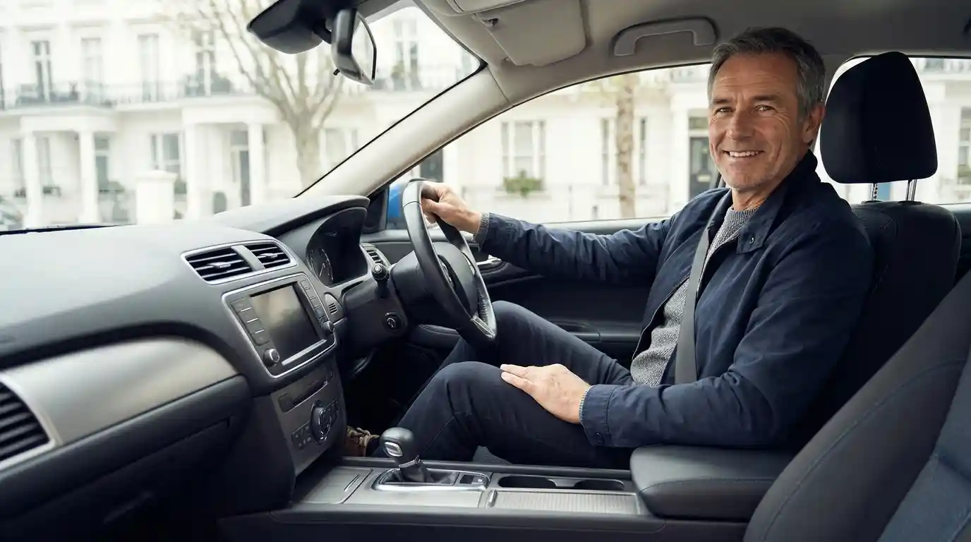 Smiling man sitting in the driver seat of a car on a London street feeling confident after an Arthrosamid knee injection