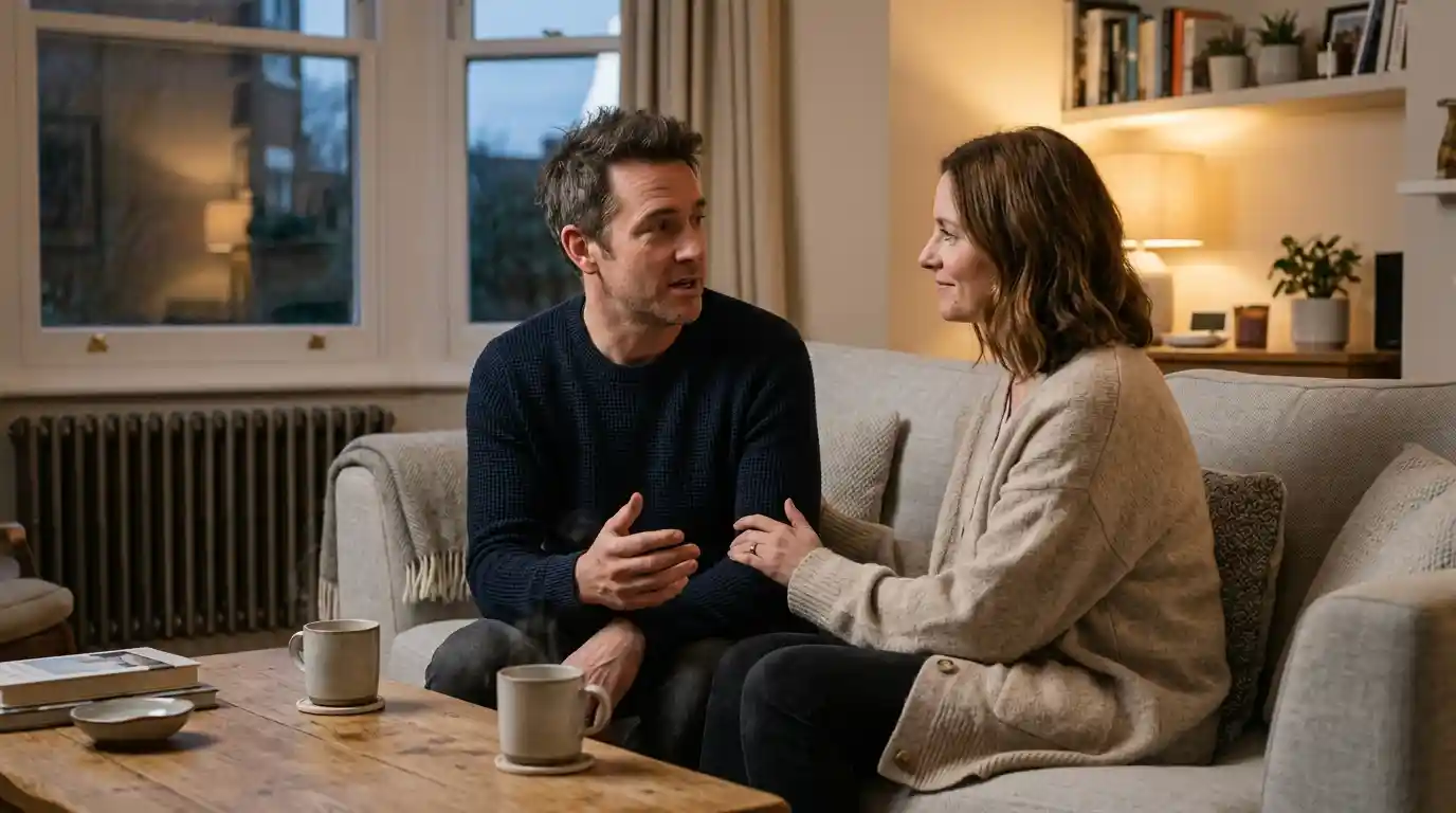 Couple having an open and caring conversation at home about the P Shot treatment