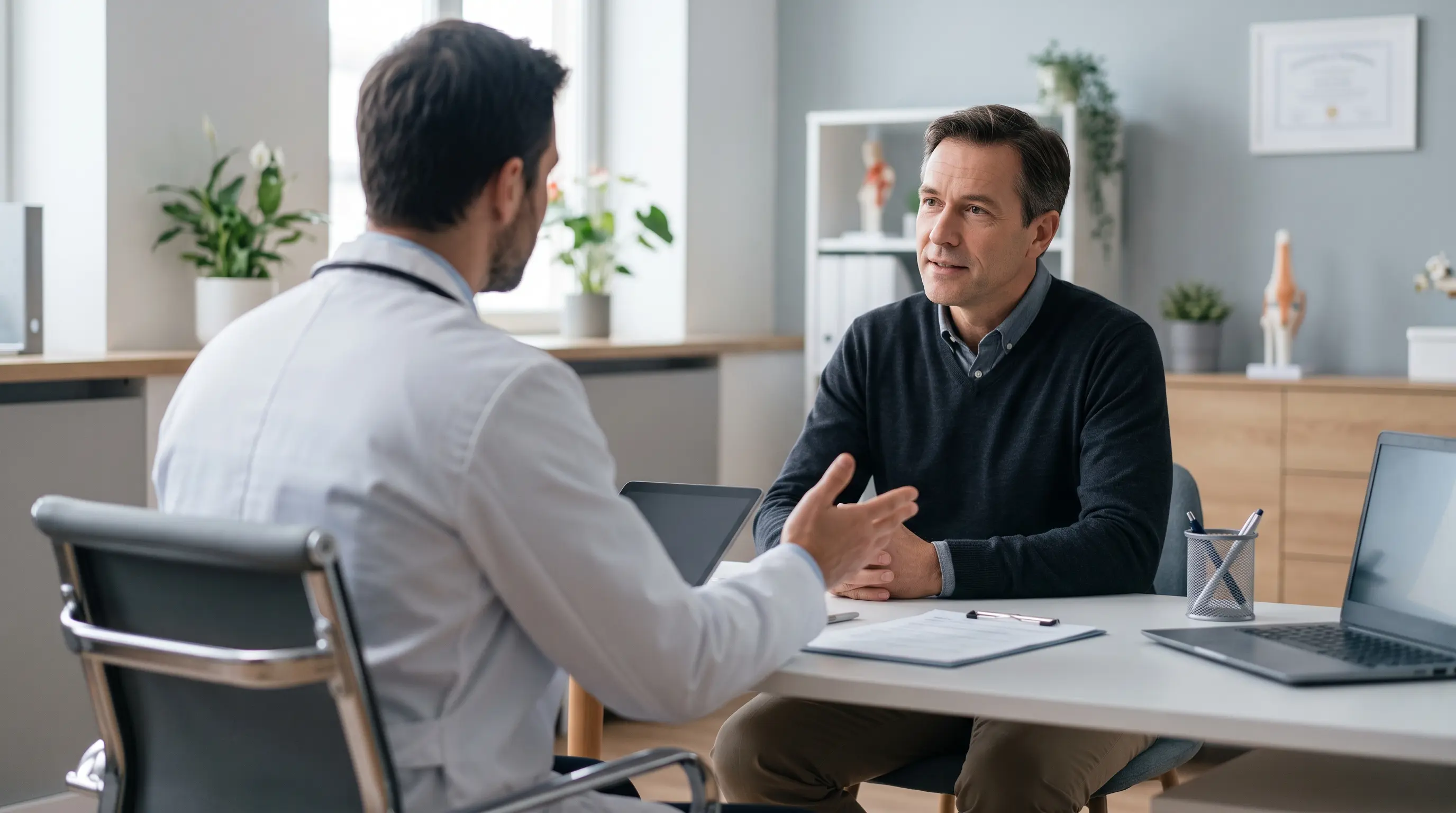 Doctor explaining the Priapus Shot procedure to a male patient during a private consultation