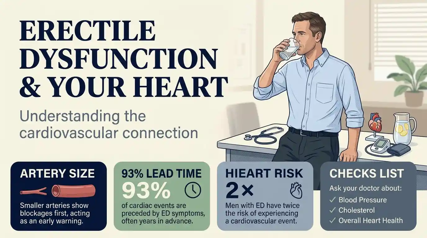Infographic showing erectile dysfunction warning sign facts on artery size, ED lead time before angina, higher heart risk and key health checks for men