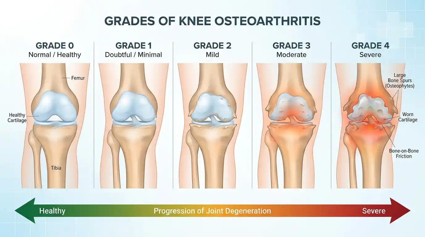 Knee osteoarthritis grading chart showing grade 0 to grade 4 from healthy cartilage to bone spurs and bone on bone damage