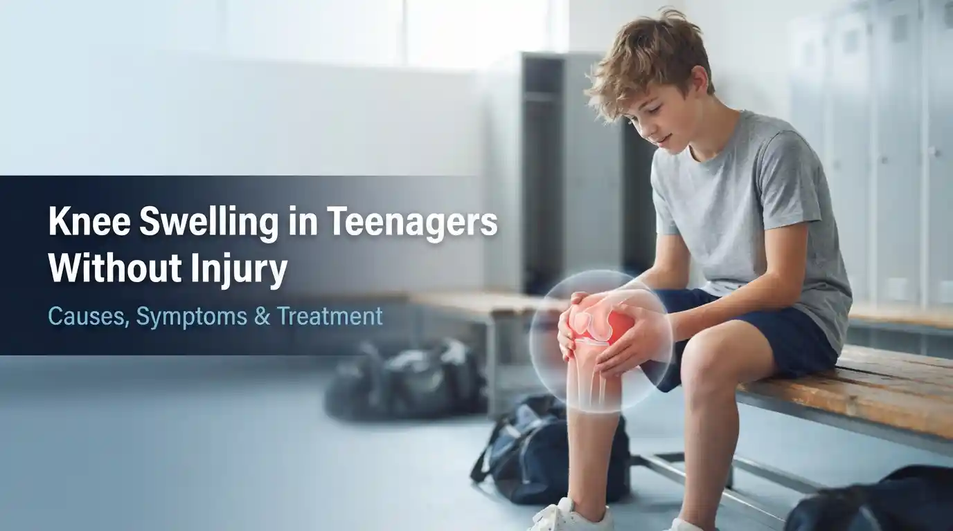 Teenage boy holding his swollen knee with highlighted joint showing knee swelling in teenagers without injury