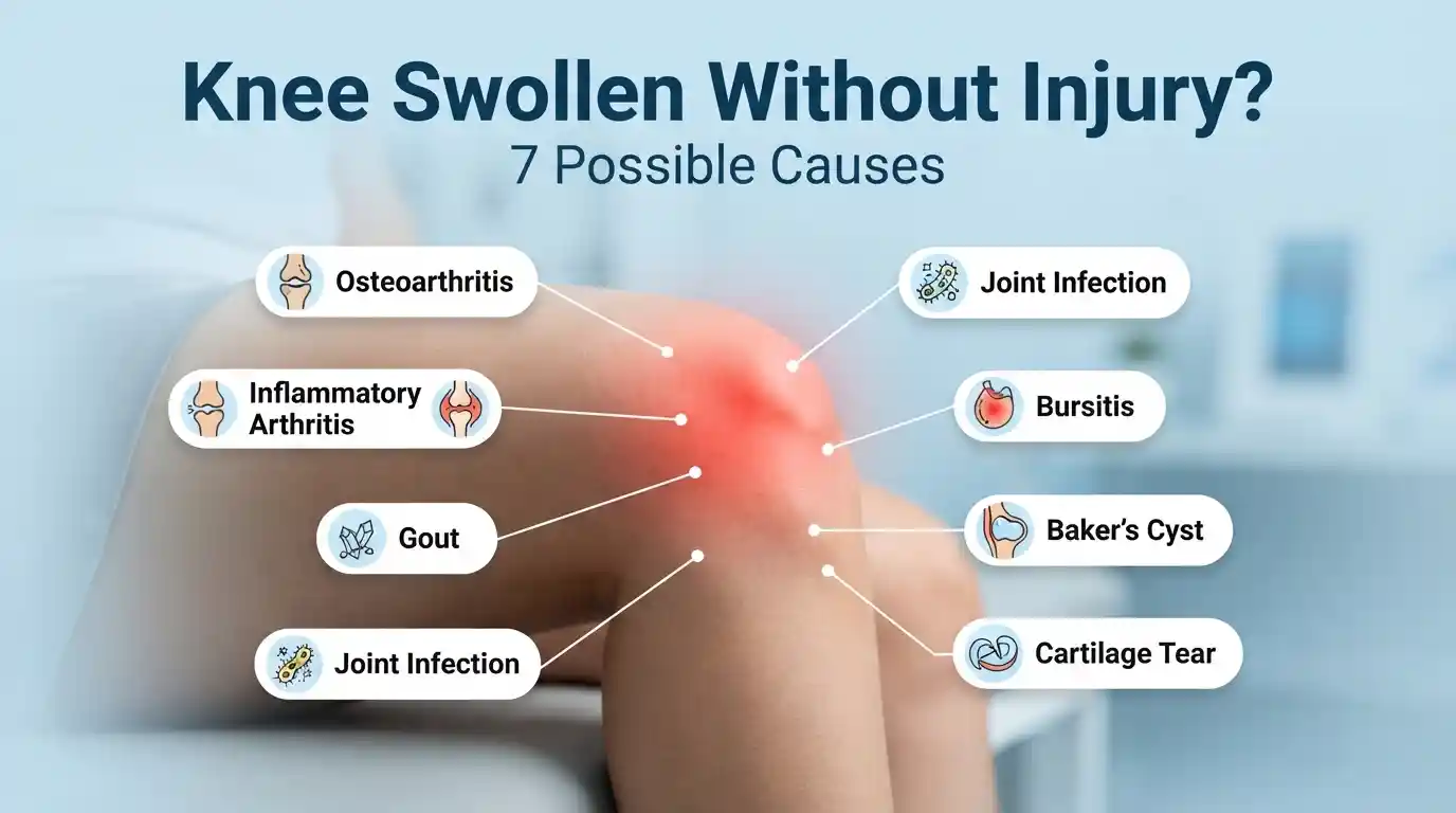 Swollen red knee with labels showing causes of knee swelling without injury, including osteoarthritis, gout, bursitis, Baker's cyst and joint infection