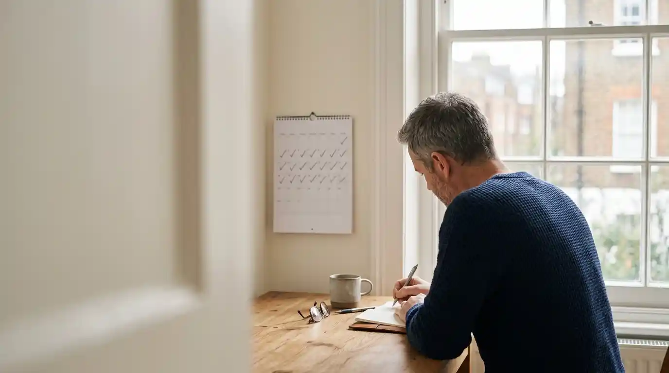 Man writing P Shot before and after progress notes at a desk beside a calendar with weekly ticks