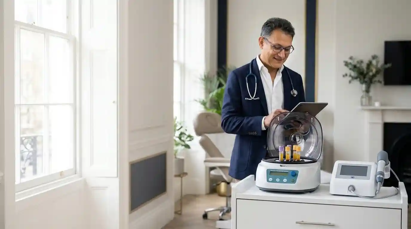 Doctor reviewing notes beside a PRP centrifuge and shockwave device for P shot treatment in a bright London clinic