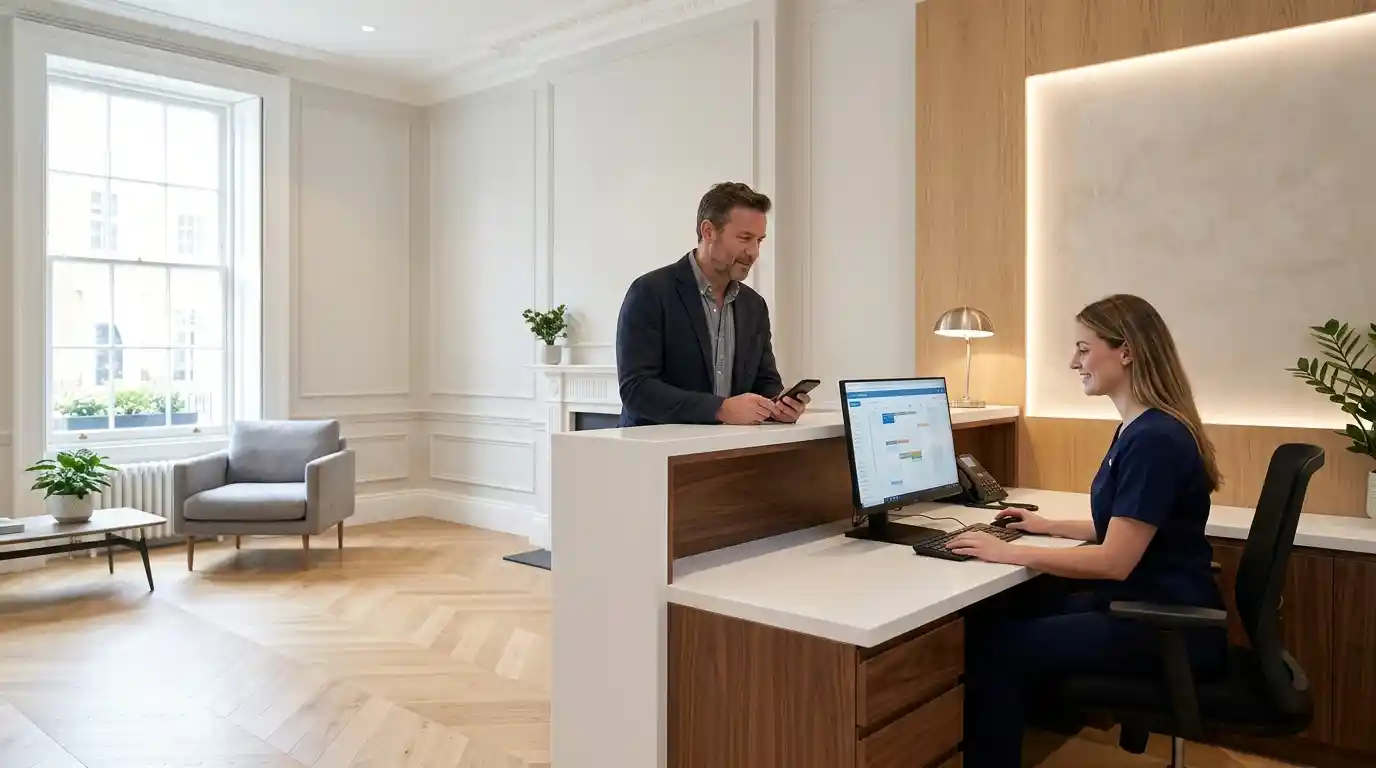 Patient booking a P Shot UK consultation with a receptionist at a private clinic reception in London