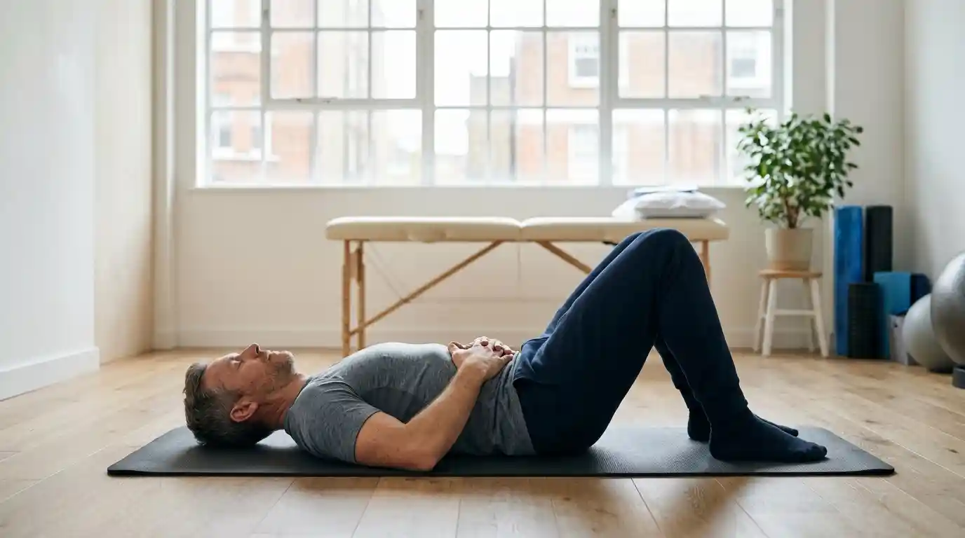Man lying on a yoga mat doing pelvic floor exercises to support P Shot results