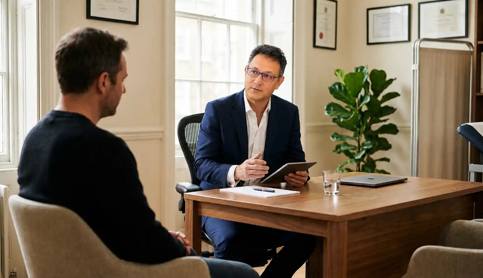 Doctor in a navy blue suit and glasses consulting with a male patient across a desk in a modern medical office.