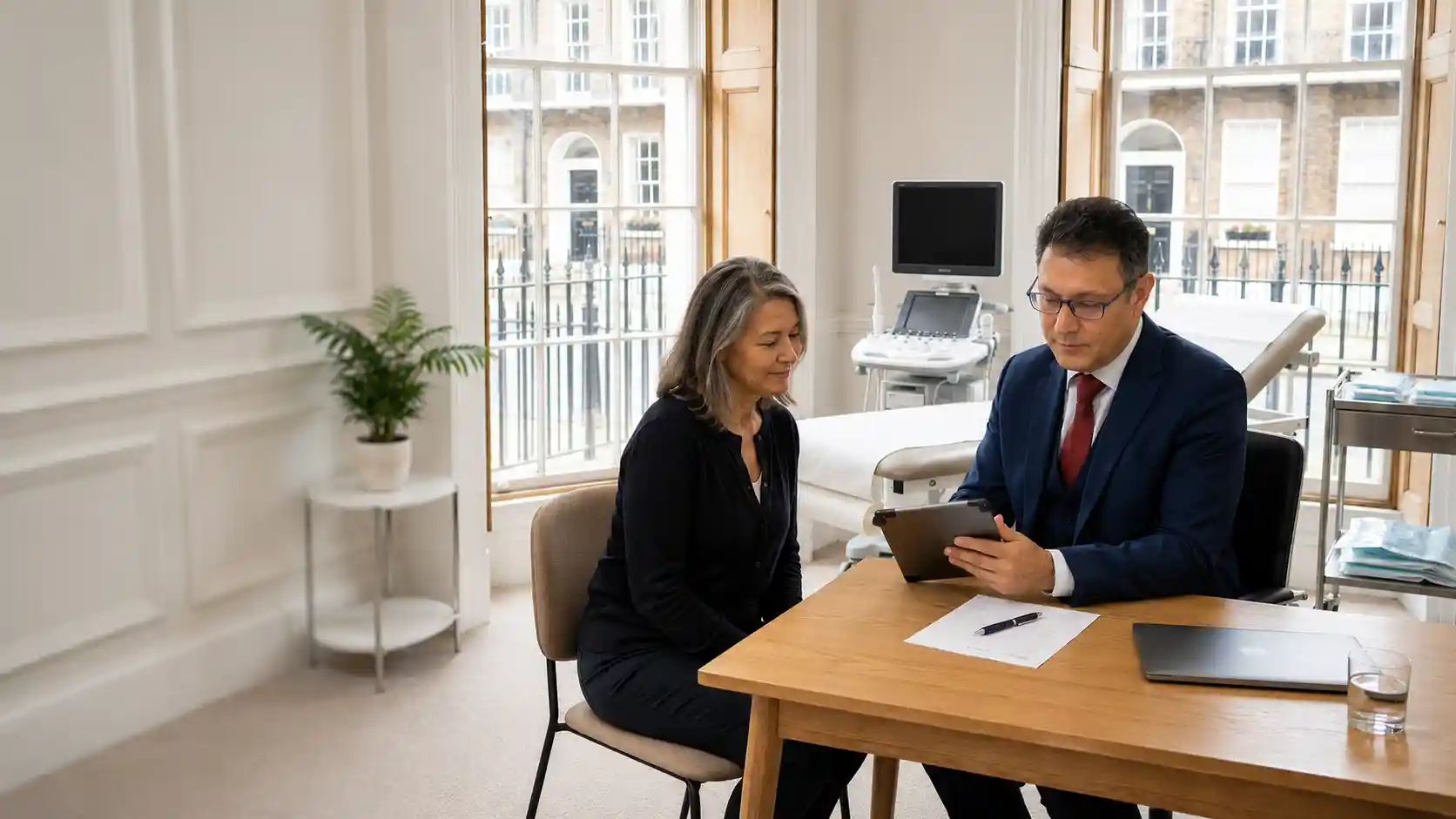 Doctor explaining treatment options to a patient in a safe private clinic in London