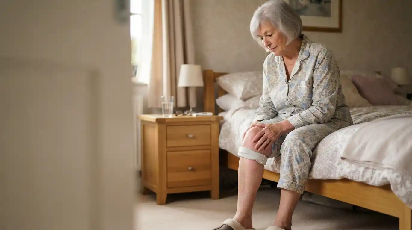 Older woman with grey hair sitting on the edge of her bed in floral pyjamas, holding her slightly swollen, reddened knee, with a glass of water, reading glasses, and a thermometer on the bedside table.