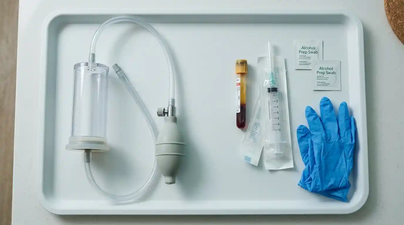 Medical vacuum pump with clear cylinder next to PRP tube syringe and gloves used for aftercare following the P Shot