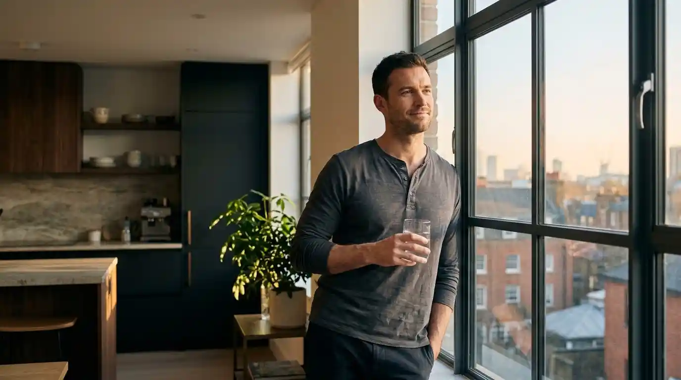 Young man in his thirties holding a glass of water by a window in a London flat thinking about P Shot treatment for younger men